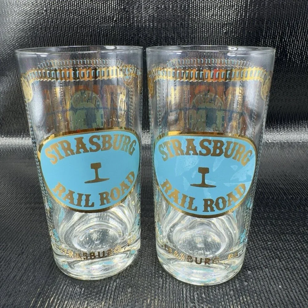 1960s STEAMBURG RAIL ROAD Barware Glasses Cups‎ Highball Tumblers Vintage Set 3